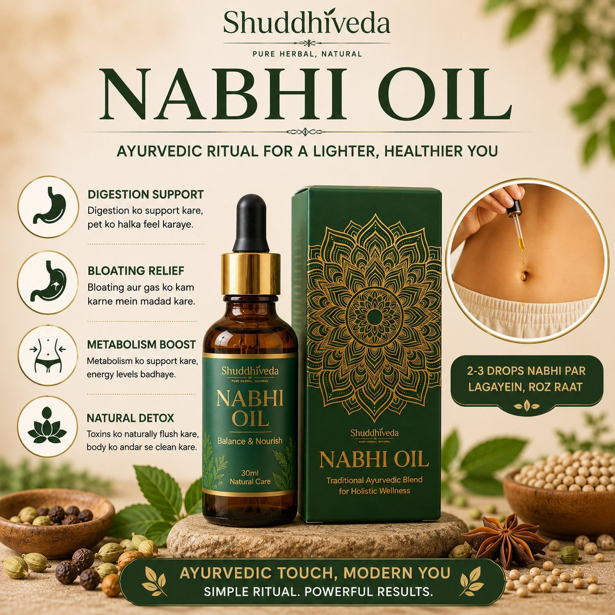 Shuddhiveda Ayurvedic Nabhi Oil For Weight Management, Digestion Issues, Blood Sugar Control, Blood Pressure Control, Full Body Healing & Detox